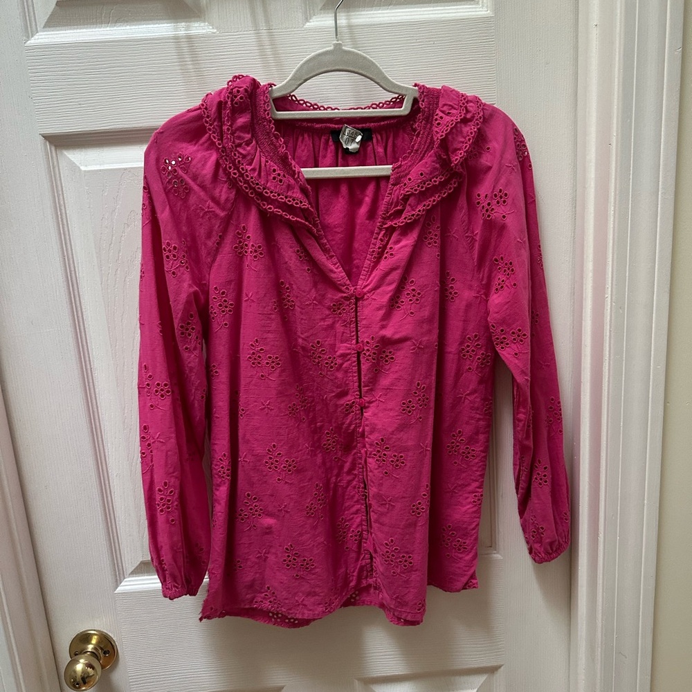 J Crew Button-front eyelet peasant top Fuchsia Blouse Eyelet Trim S hot pink - Picture 3 of 11
